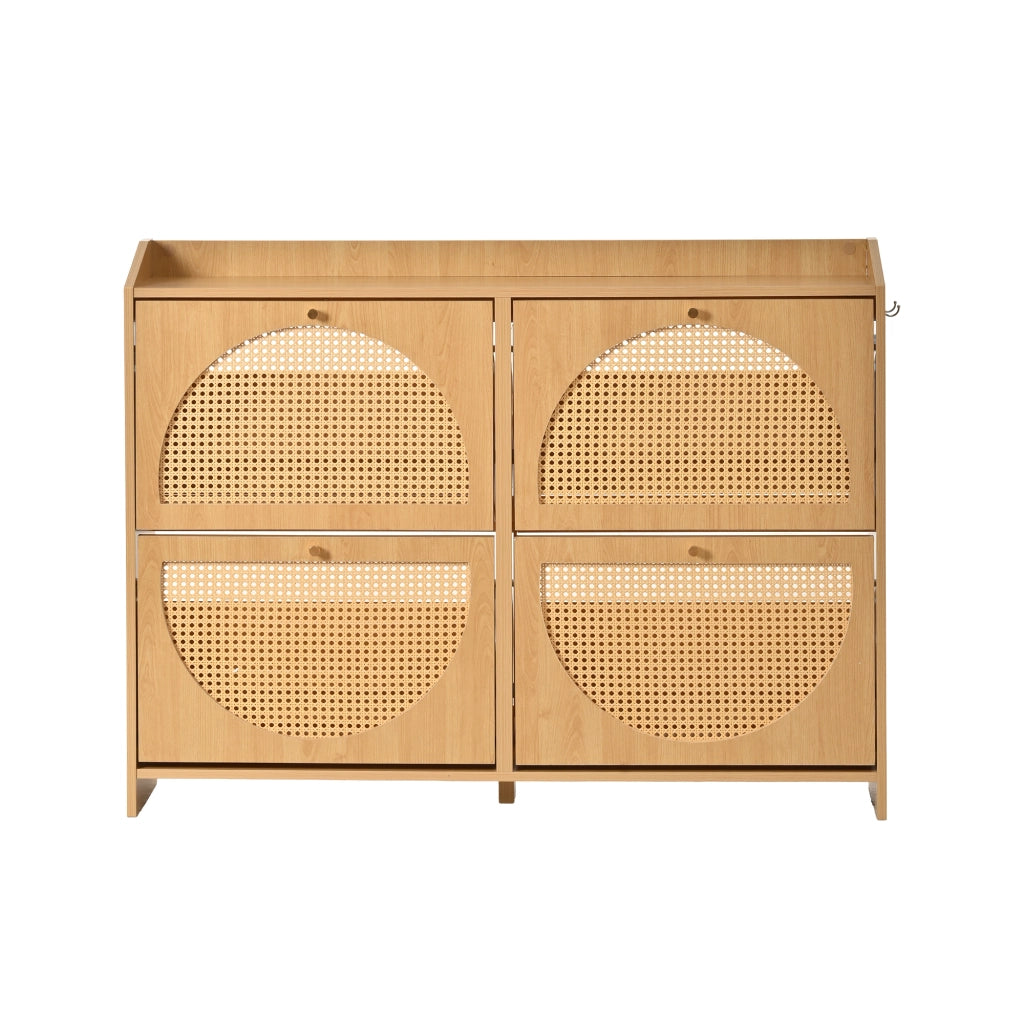 Scarpiera moderna 120¡Á24¡Á90 cm con 4 ante a ribalta, 8 scomparti, 2 ganci, struttura in MDF e ante in stile rattan, colore naturale