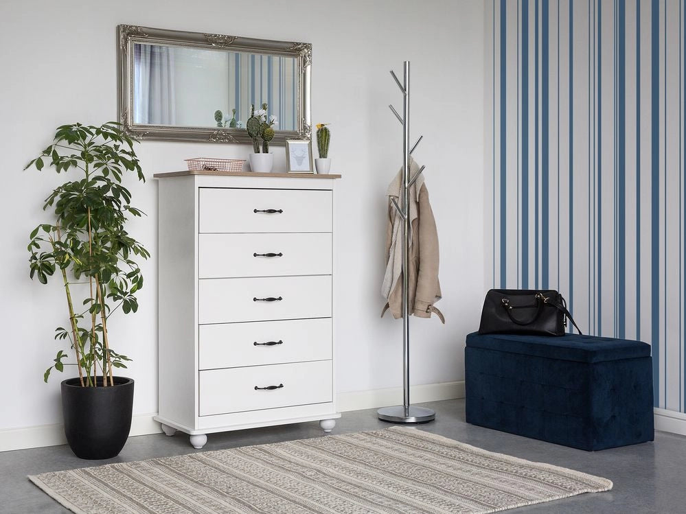 Cassettiera bianca con legno chiaro 5 cassetti credenza contenitore in stile scandinavo minimalista