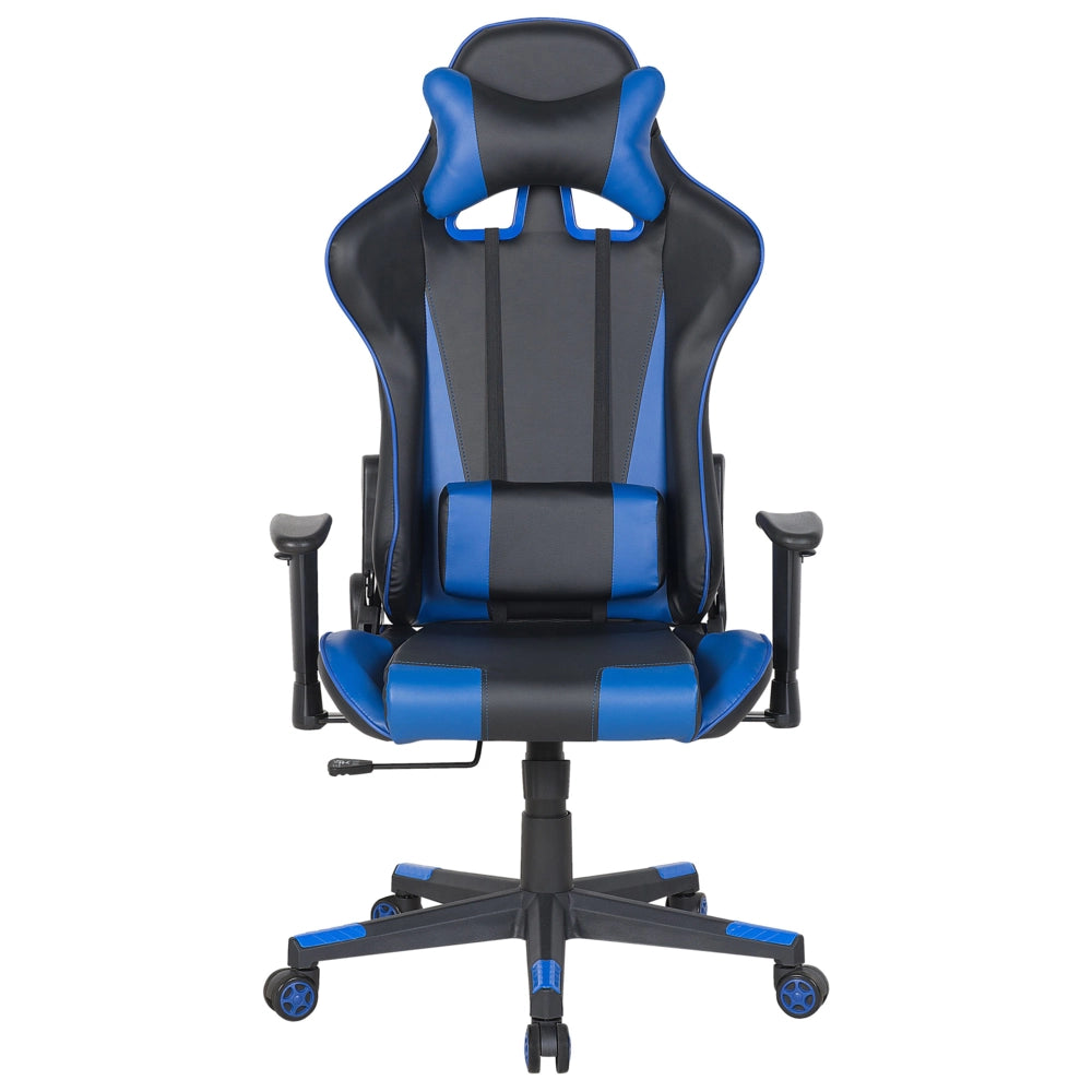 Sedia da gaming in ecopelle nera con braccioli reclinabili blu regolabili in altezza Supporto lombare Cuscino per poggiatesta Sedia da ufficio