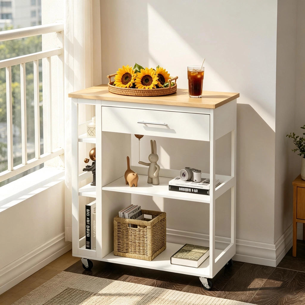 Carrello da cucina con ruote in MDF bianco effetto legno 73x38x88 cm con cassetto e ripiani aperti