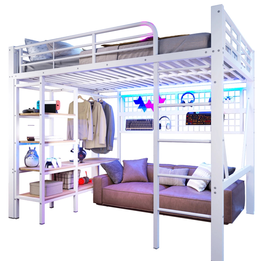 LETTO a soppalco 140x200 cm in metallo e MDF bianco con LED