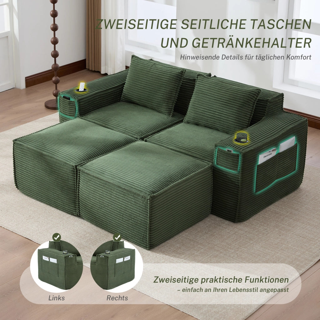 DIVANO Modulare 2 posti 188x162x75 cm Velluto a coste Verde con 2 pouf
