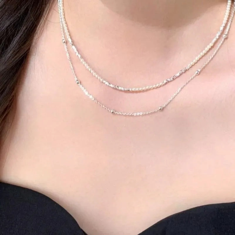 Collana a doppio strato di perle d'argento fatta a mano, regalo di Natale o di compleanno.