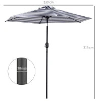 Ombrellone da Giardino Inclinabile Φ230cm, Apertura a Manovella, Palo in Metallo e 6 Stecche, Blu e Bianco