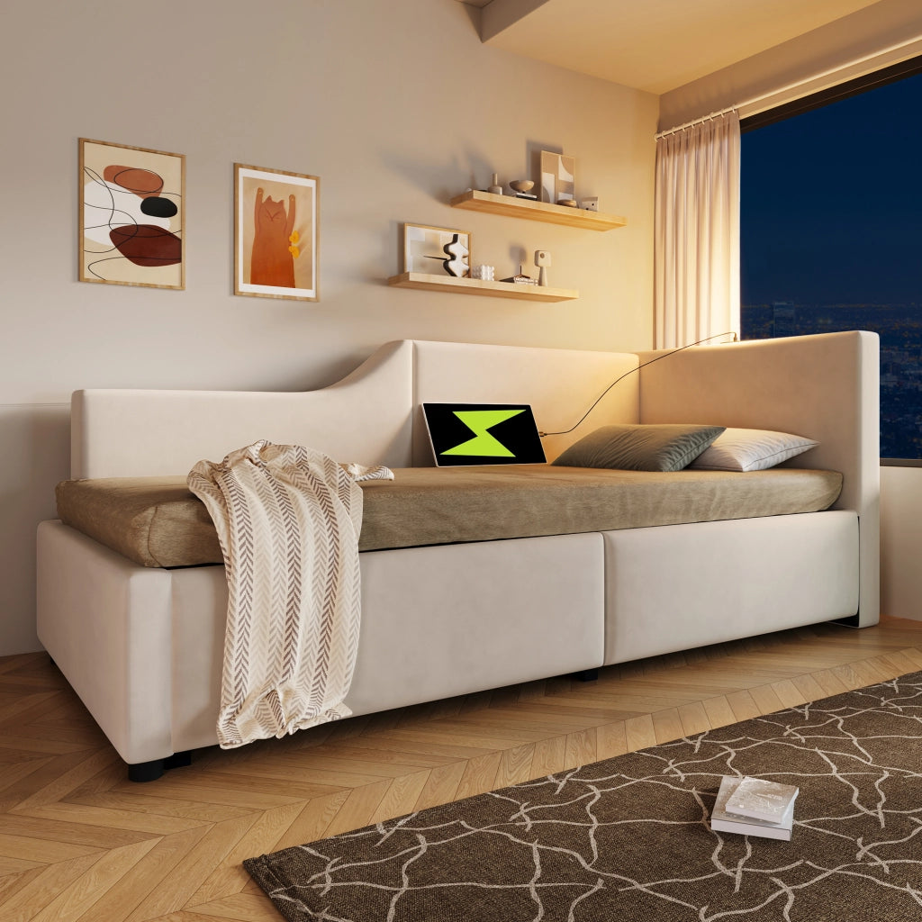 LETTO DA GIORNO Contenitore 90x190 cm in Velluto Beige con lampada da lettura e USB-C
