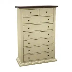 cassettiera settimino Shabby chic in legno bicolore laccato avorio anticato e noce 6+2 cassetti