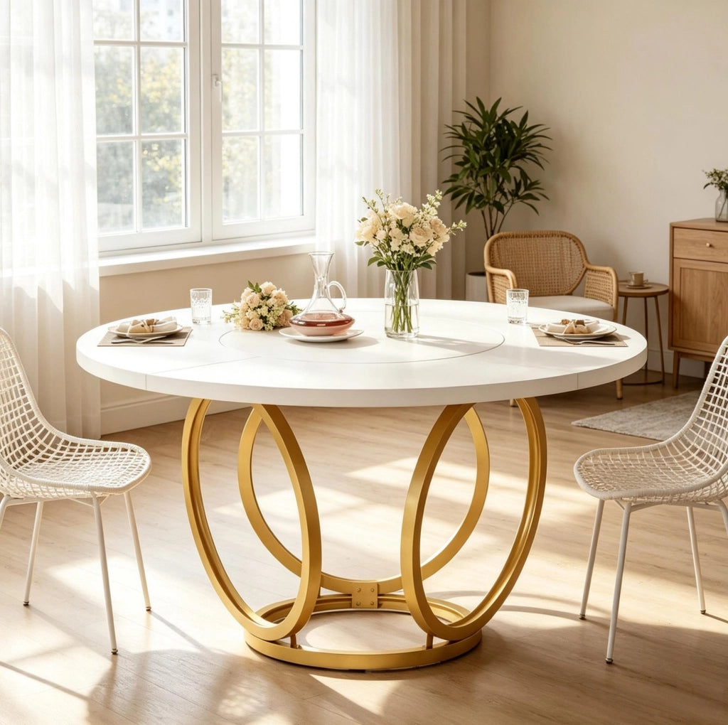 Tavolo da pranzo rotondo 120 cm bianco e oro