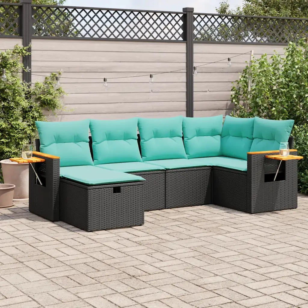 Set Divano da Giardino 6 pz con Cuscini Nero in Polyrattan