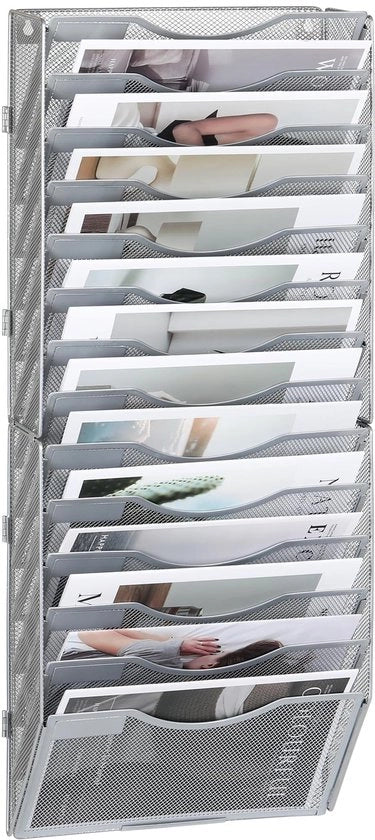 Organizzatore a muro per documenti A4, 14 compartimenti, color argento
