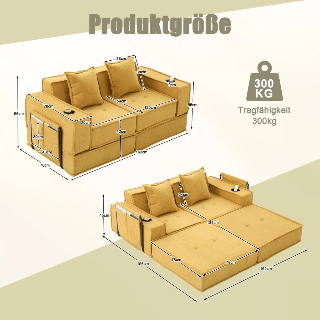 Pouf modulare con tasche laterali e cuscini, seduta ergonomica e struttura bassa stabile, in ciniglia giallo senape