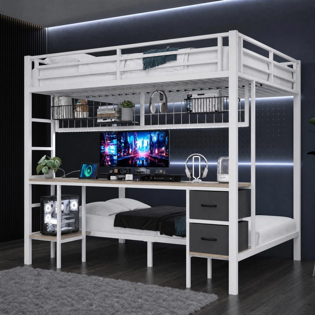 LETTO A CASTELLO 140x200 cm Metallo Bianco con Scrivania, Cassetti e LED