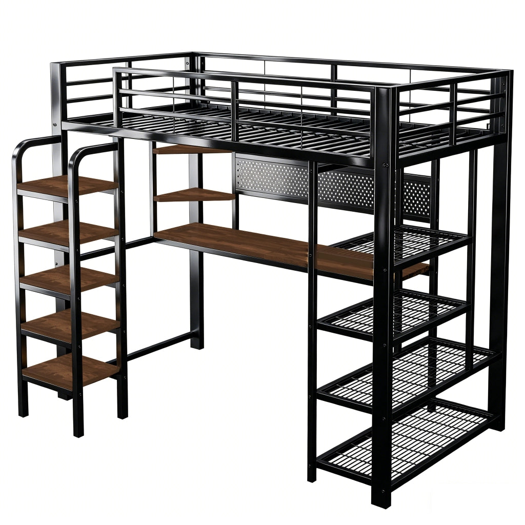 LETTO A SOPPALCO 90x200 cm in metallo e legno nero con scrivania, LED e prese