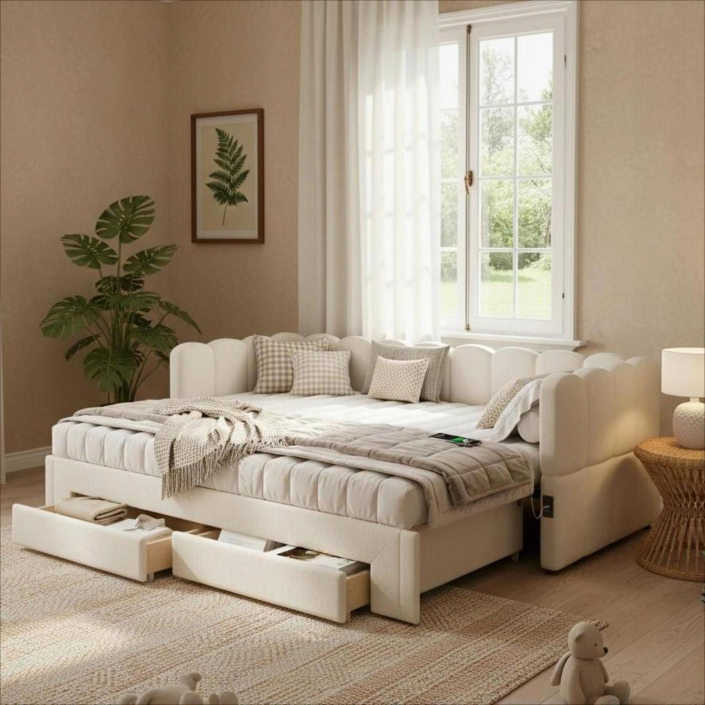 Letto a scomparsa imbottito 90x200 - Xylo - 2 cassetti USB beige