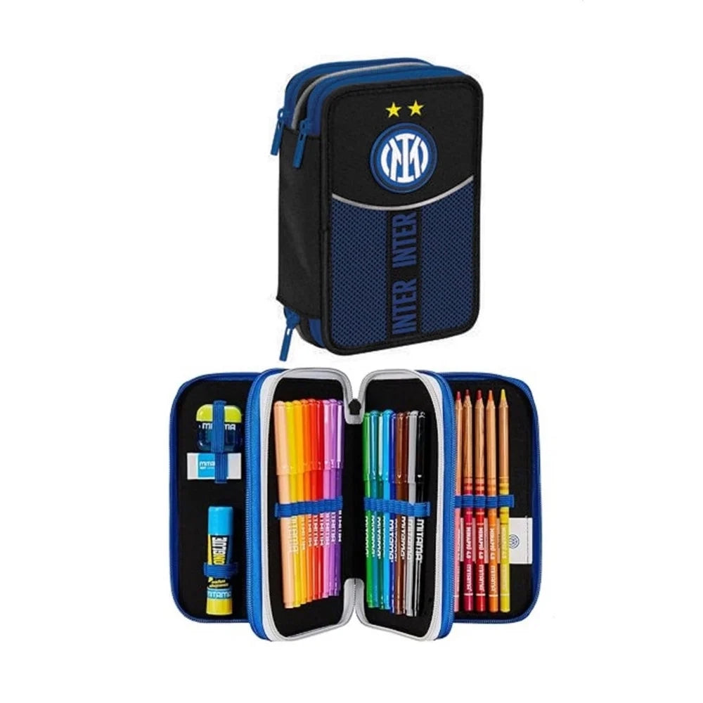 Trade Shop - Astuccio Scuola Triplo Scomparto Con 3 Zip Inter Completo Di Penne Matite Colori Bambino -