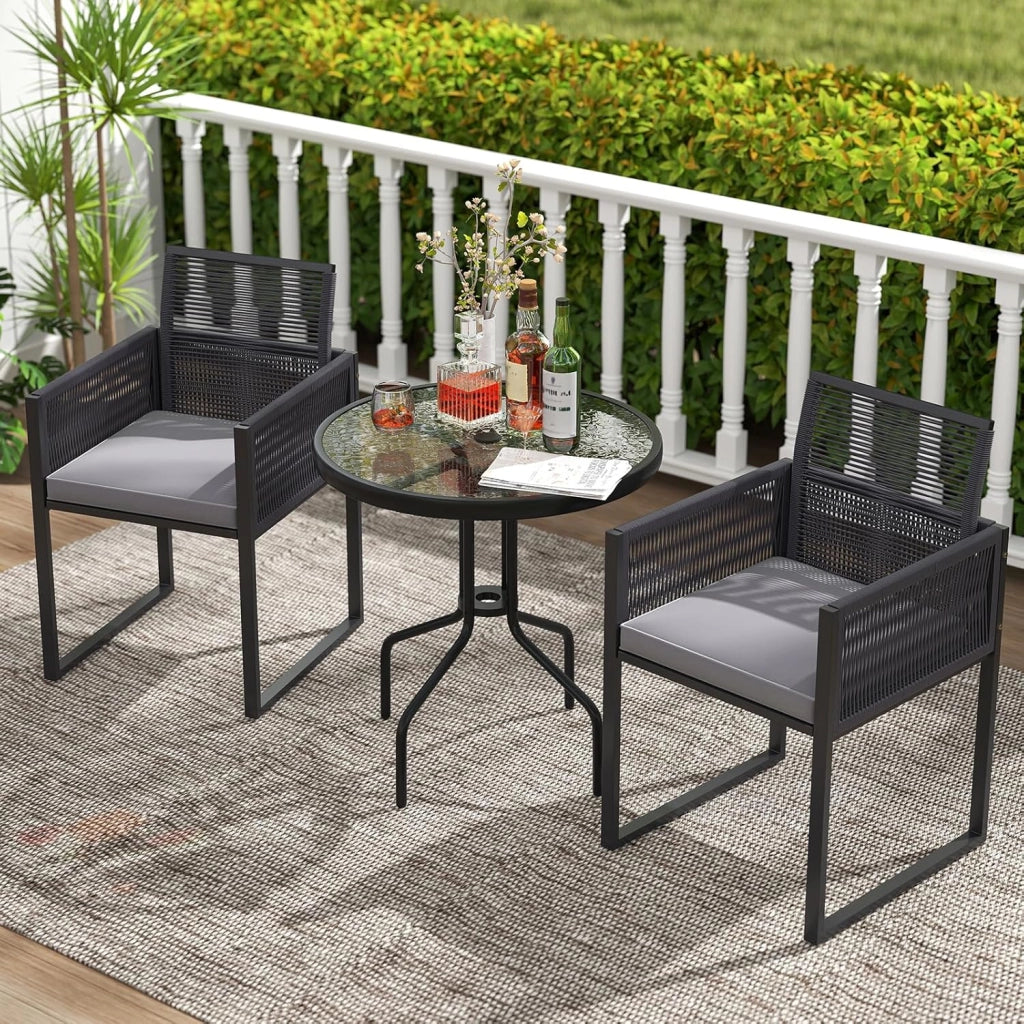 Tavolo rotondo da giardino con piano in vetro, 70 x 70 x 71 cm, tavolo da bistrot con foro per ombrellone da 4 cm, gambe in metallo resistente, tavolino per balcone, patio