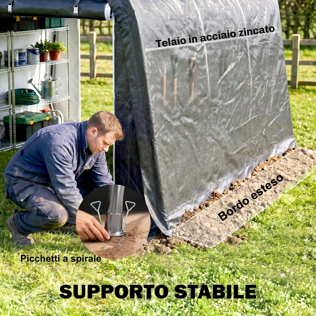 Tendone da Giardino per Moto. Bici e Attrezzi con 2 Ingressi a Zip. in Acciaio e PE. 300x300x235 cm. Grigio