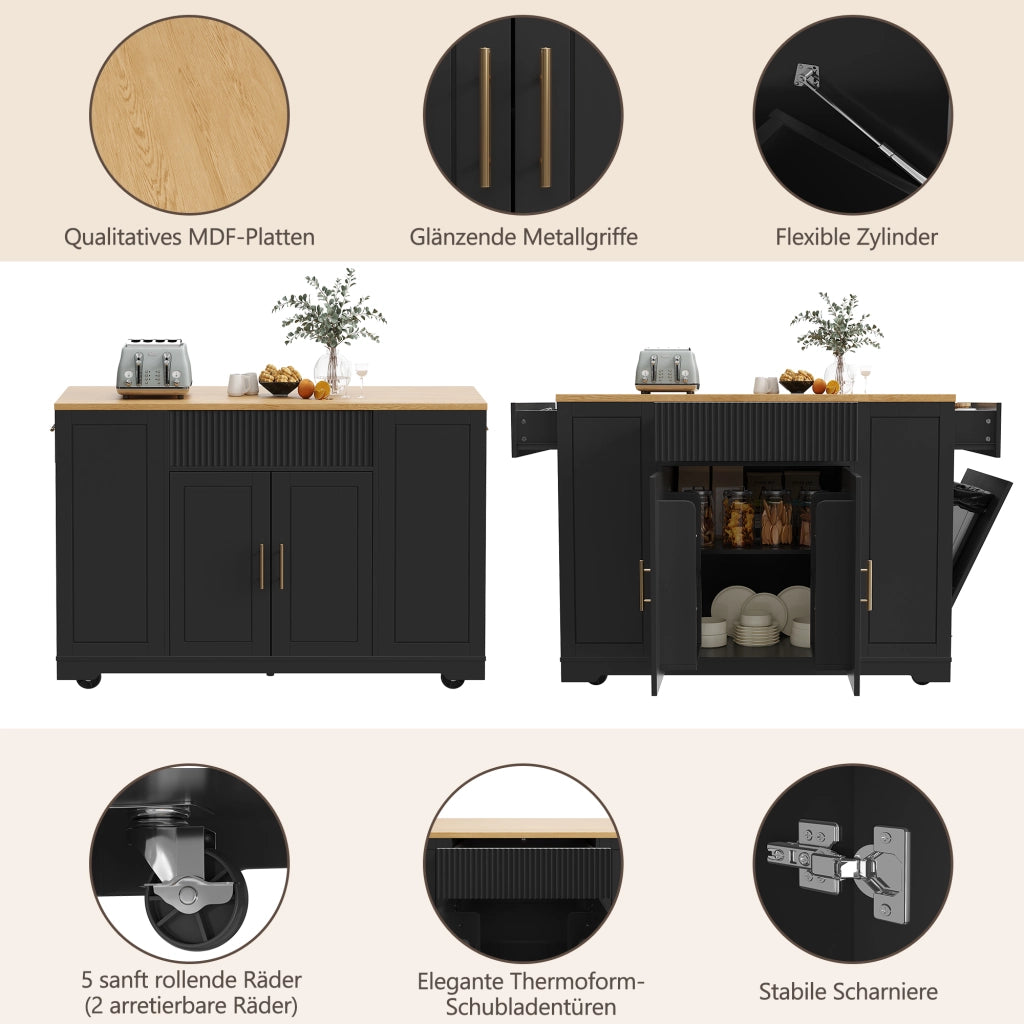 ISOLA DA CUCINA Mobile 120 x 50 x 92 cm Nera in MDF con 2 ante e 3 cassetti