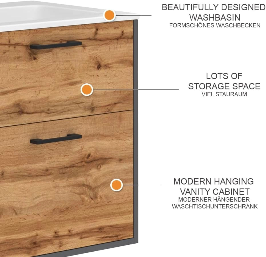 Set di mobili da bagno Lanco, Antracite/quercia dorata, 61 x 61.5 cm con lavabo, composto da mobile sottolavabo e lavabo