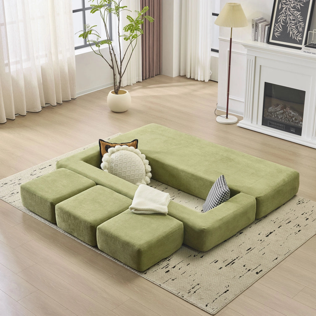 Divano letto modulare pieghevole con funzione letto e moduli componibili in ciniglia verde