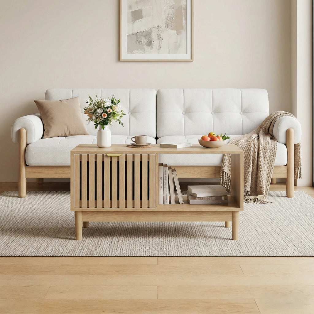Tavolino da salotto con 1 cassetto; vani a giorno e struttura a doghe; gambe in legno massello; rovere; 80 × 50 × 45 cm