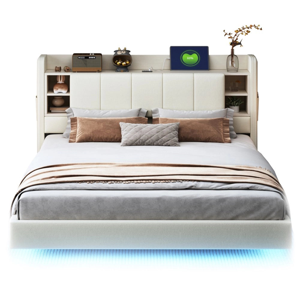 Letto imbottito matrimoniale con LED e USB ¨C Minimal ¨C Beige tessuto metallo 160x200cm