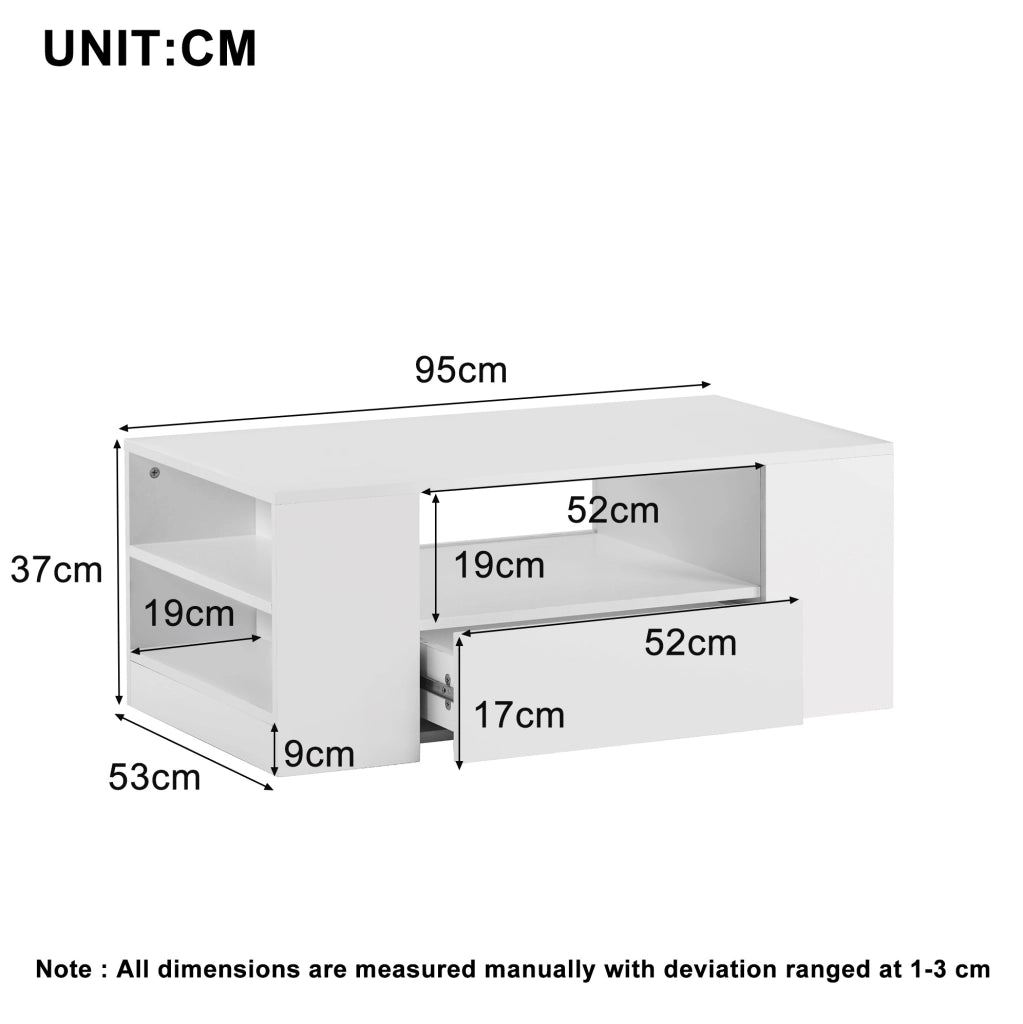 Tavolino da caffè LED con 2 cassetti e 2 ripiani; 95 x 53 x 37 cm; bianco
