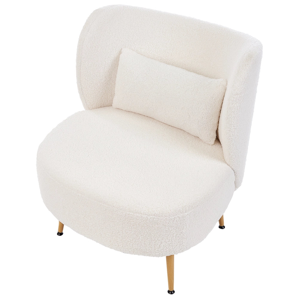 Poltrona Bianco sporco Boucle Tessuto Morbido Nubby Legno Chiaro Gambe Metallo Schienale Curvo Stile Retro Glam Art Decor