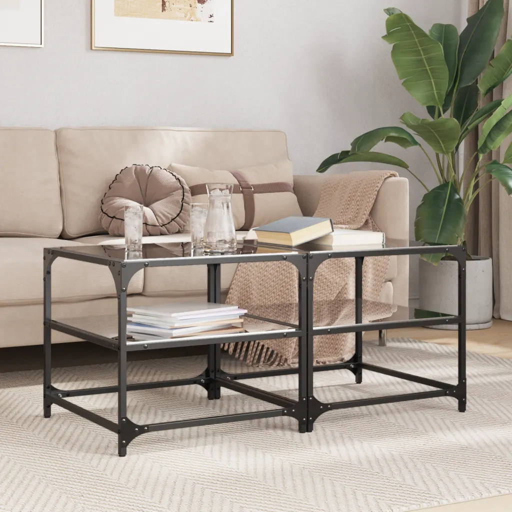 vidaXL Tavolini da Salotto con Piano Vetro Nero 2pz 50x50x45cm Acciaio