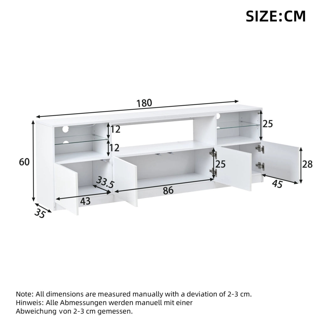 Mobile TV 180x35x60 cm con LED; 4 ante; 8 vani; legno bianco