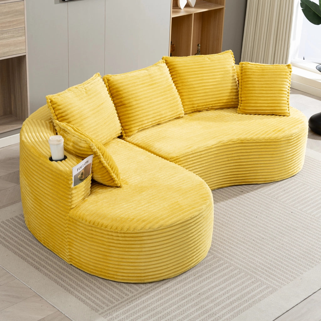DIVANO ad arco 250x152x82 cm in velluto a coste giallo senape con portabicchieri
