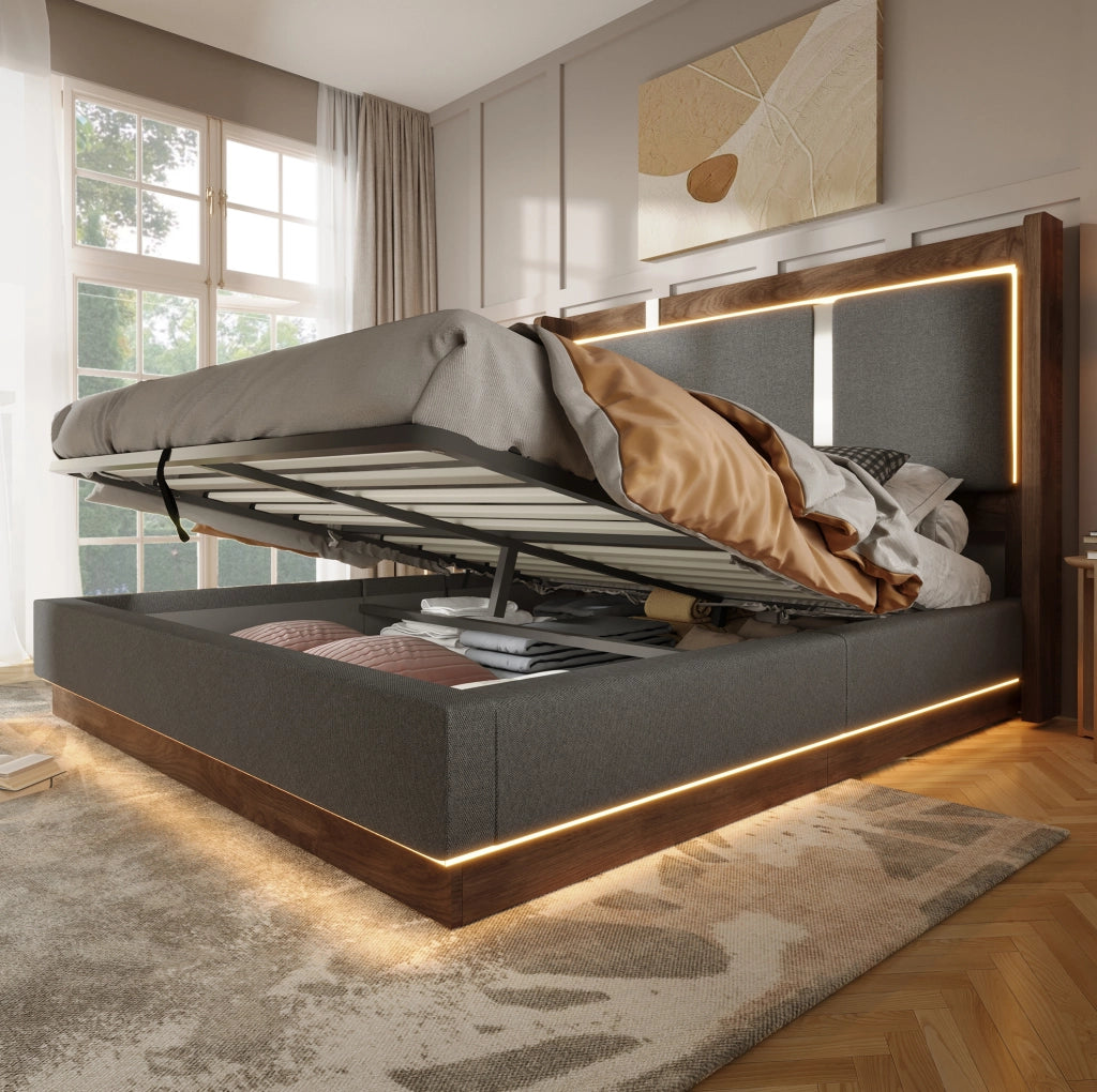 Letto imbottito 140x190 con LED, contenitore idraulico e rete a doghe