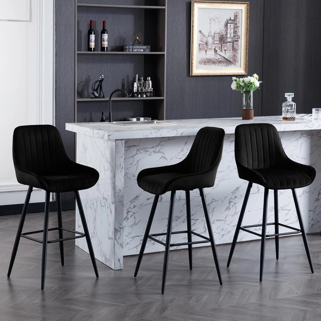 4 Sgabelli Alti da Bar con Schienale, Sedie Moderne con Poggiapiedi Quadrato, Sedie in Velluto Ergonomiche per Bistrot, Altezza Sedile 71cm, Gmabe in Metallo, Nero, BH394sz-4