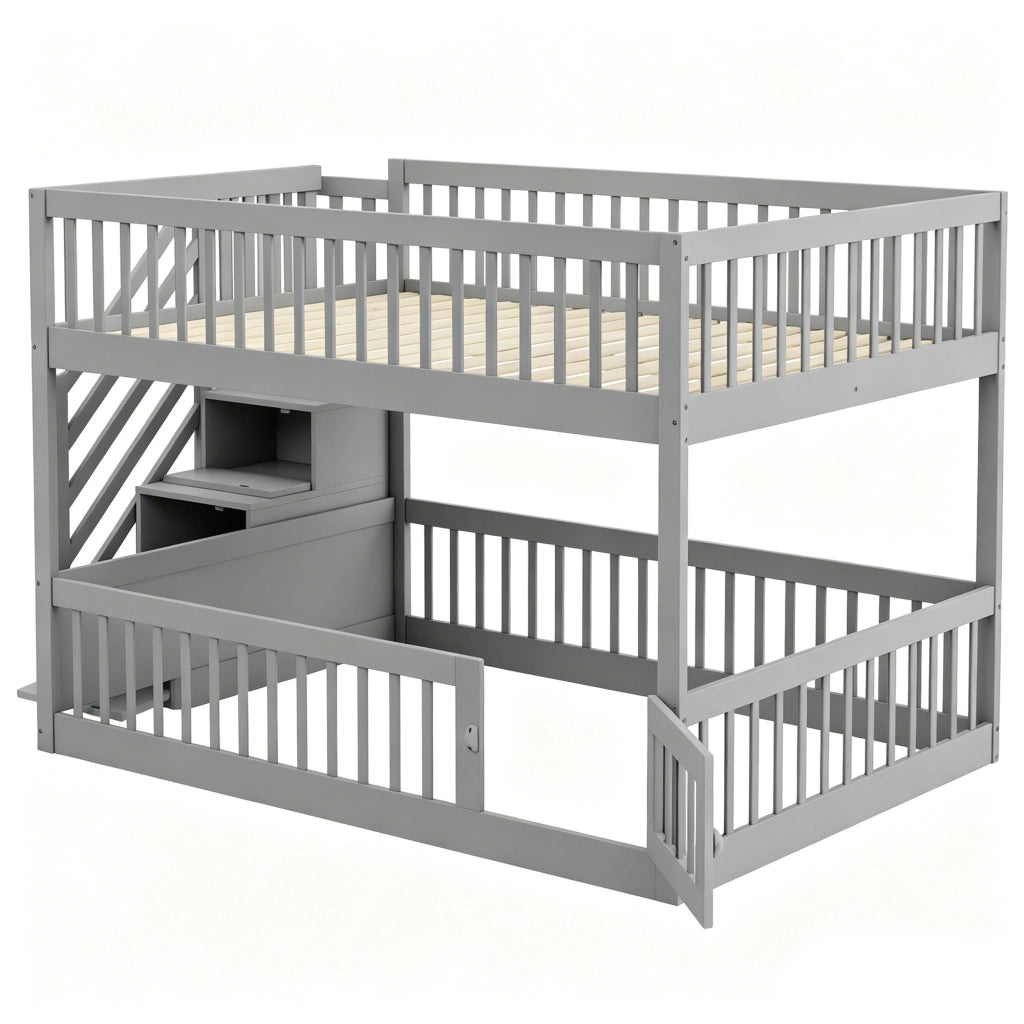 Letto a castello 140 × 200 cm con scala con cassetti e sportello inferiore, senza materasso, in legno massiccio, grigio