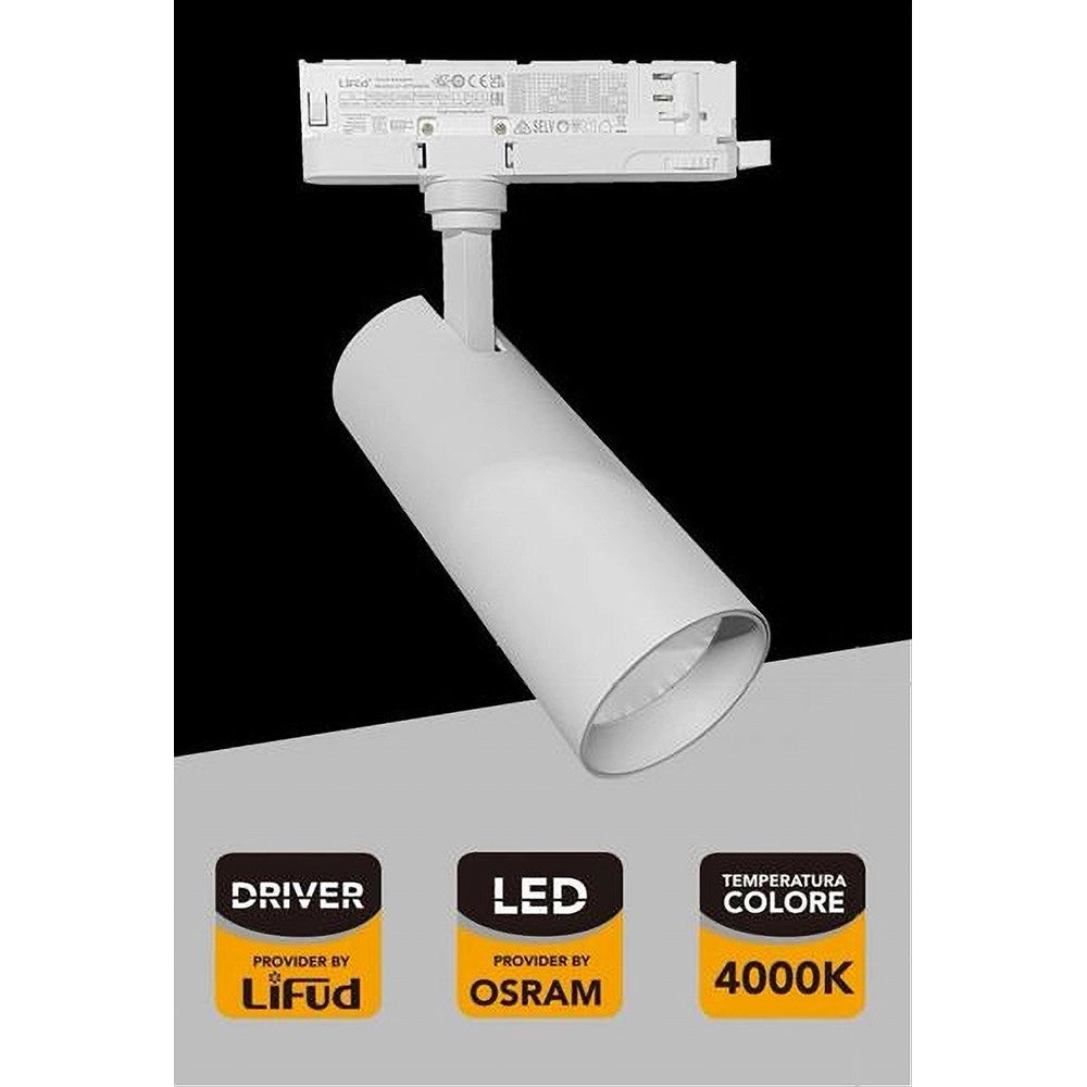 Trade Shop - Faretto Led 30 W Binario Track Trifase Faro Luce 4000k Ip20 Nero Bianco Pt4-30w -