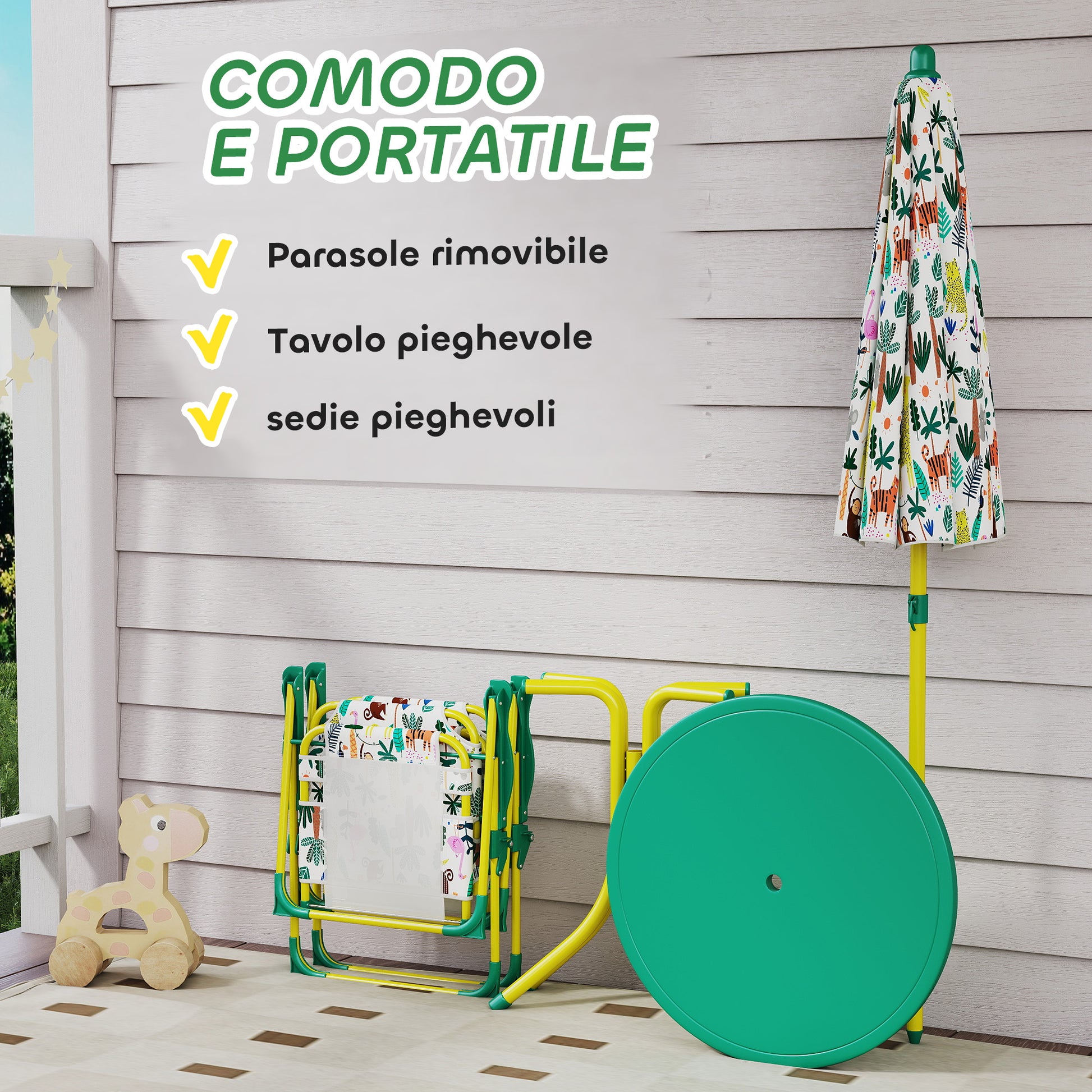 Set Tavolo e Sedie per Bambini con Ombrellone per Esterno in Acciaio Verde