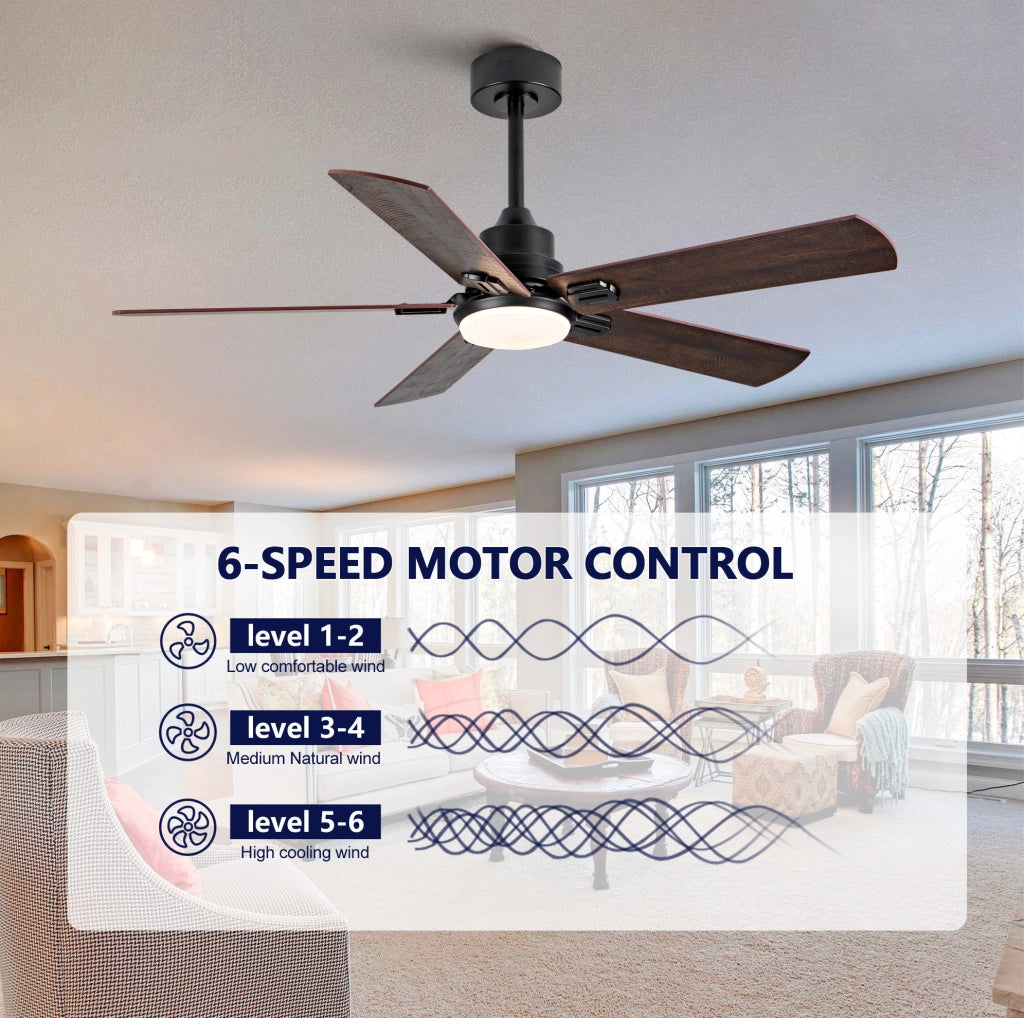 Ventilatore da soffitto da 52 pollici con luce LED dimmerabile; nero e noce scuro; metallo e legno