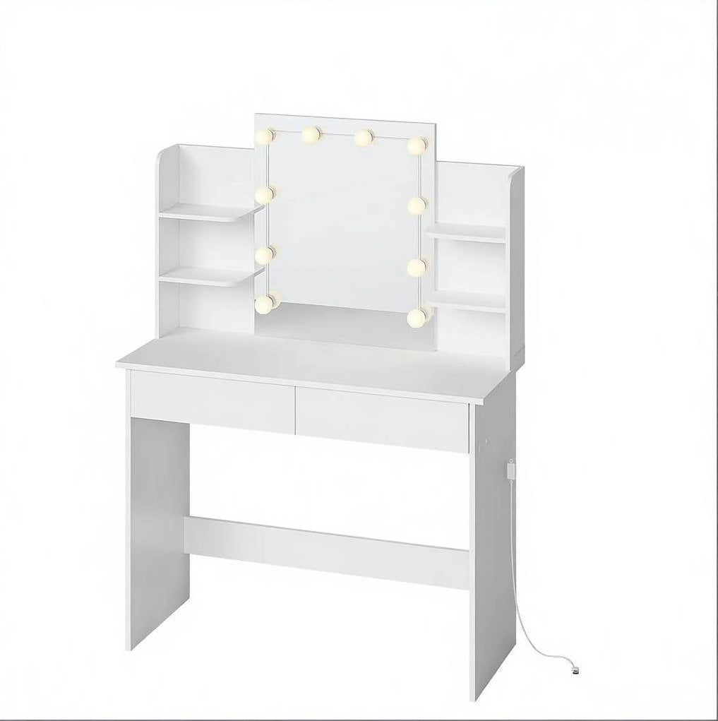 Toeletta 90x40x135 cm con specchio LED dimmerabile, 2 cassetti, legno massello e plastica bianca