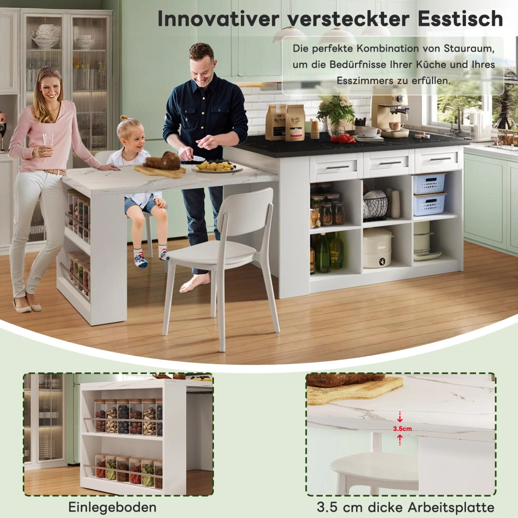 ISOLA CUCINA con tavolo estraibile 150x90x90 cm MDF Bianco Effetto Marmo