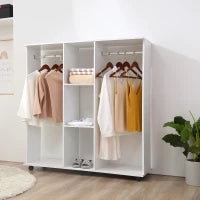 Armadio Guardaroba a Rotelle con 2 Barre e 3 Ripiani Aperti, in Legno e Alluminio, 120x40x128 cm, Bianco