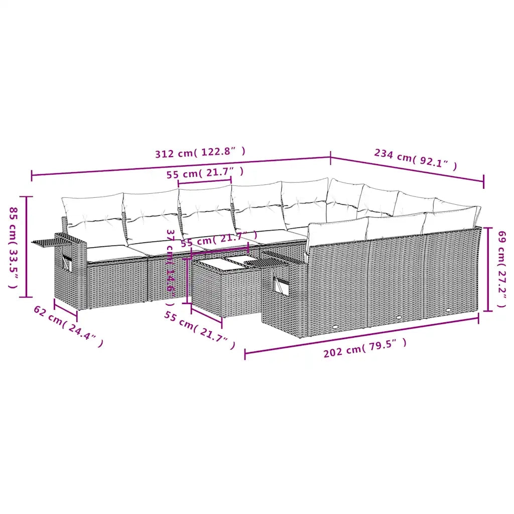 Set Divani da Giardino 11 pz con Cuscini Polyrattan Marrone