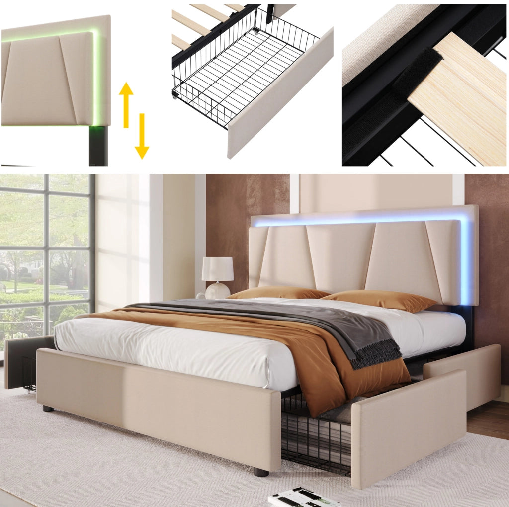 Letto matrimoniale ULEVR 140x200 cm con LED, testiera regolabile e 4 cassetti, beige