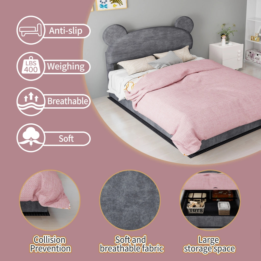 Letto contenitore 140 × 200 cm 2 posti con apertura pneumatica e testiera ludica, senza materasso, grigio