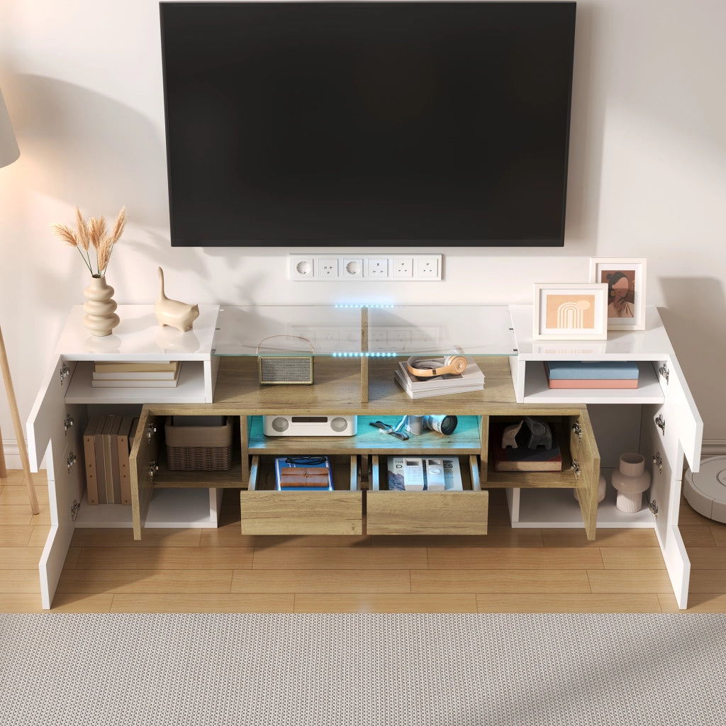 Mobile TV con 6 Ante; 2 Cassetti e LED Multicolore; Bianco Lucido e Oro; 145??30??51 cm; in Pannello Truciolare