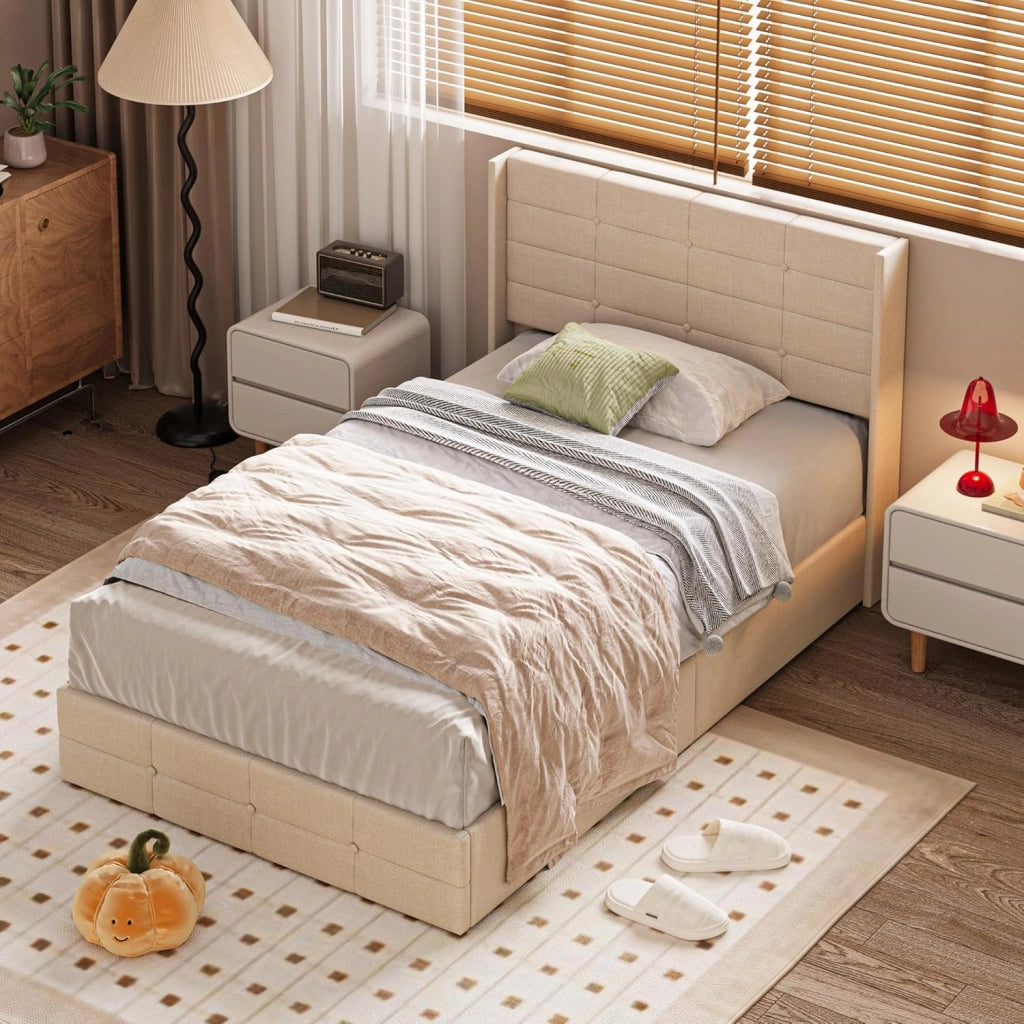 Letto contenitore idraulico 140 x 200CM, letto matrimoniale imbottito con testiera e contenitore, giroletto con rete a doghe, letto per ragazzi, senza materasso (Beige, 120X200)