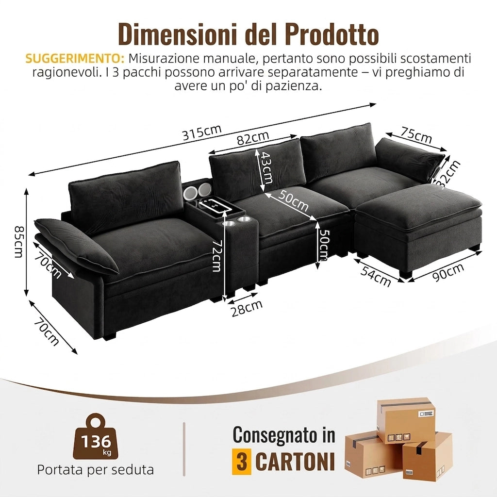 Divano modulare a L 315 cm a 4 posti con pouf; ricarica wireless; altoparlanti e luci; ciniglia; nero
