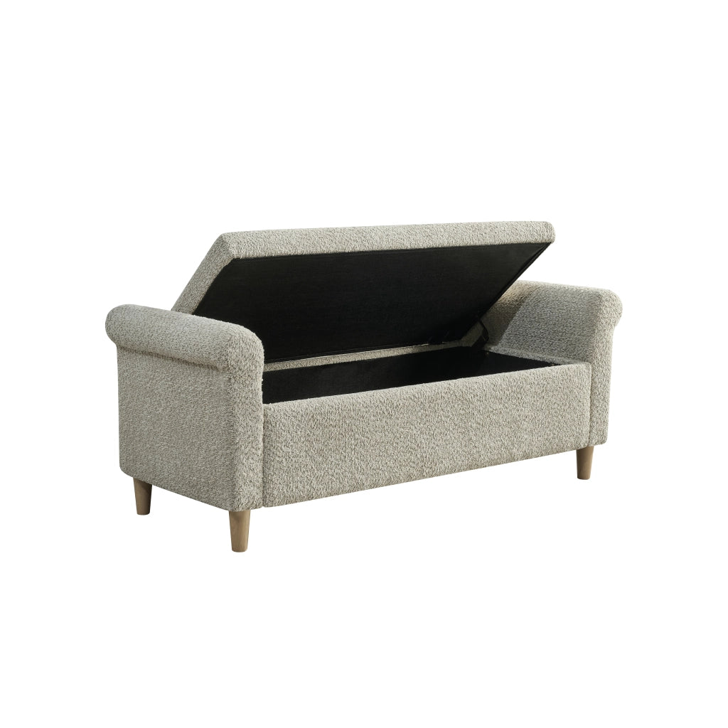 Pouf contenitore con coperchio sollevabile e struttura in legno stile scandinavo per salotto e camera da letto cammello