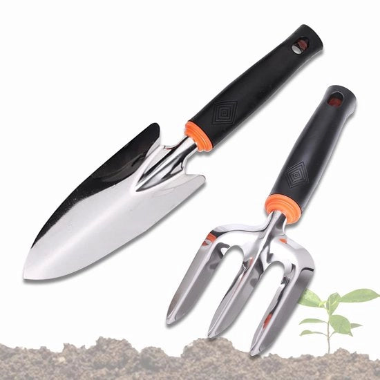 Kit di giardinaggio 2-in-1 in acciaio, comprensivo di forchetta per fiori, zappa, vanga con impugnatura antiscivolo ergonomica in gomma morbida