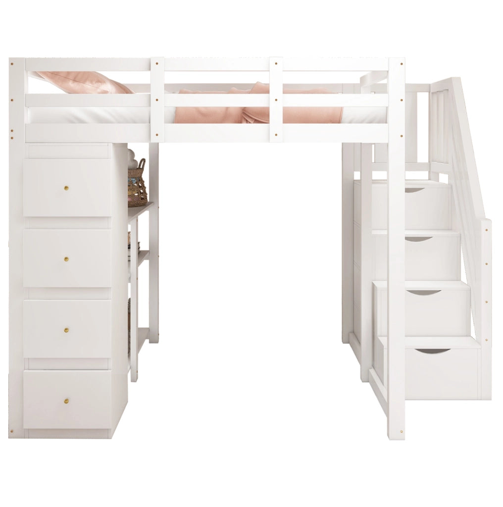 Letto a soppalco 140x200 cm in legno bianco con 4 cassetti; ripiani e scala laterale