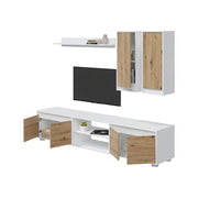 Parete attrezzata Astulo, Set da soggiorno, Mobile salotto multiuso, Composizione per salotto moderno, 200x40h114 cm, Bianco e Rovere