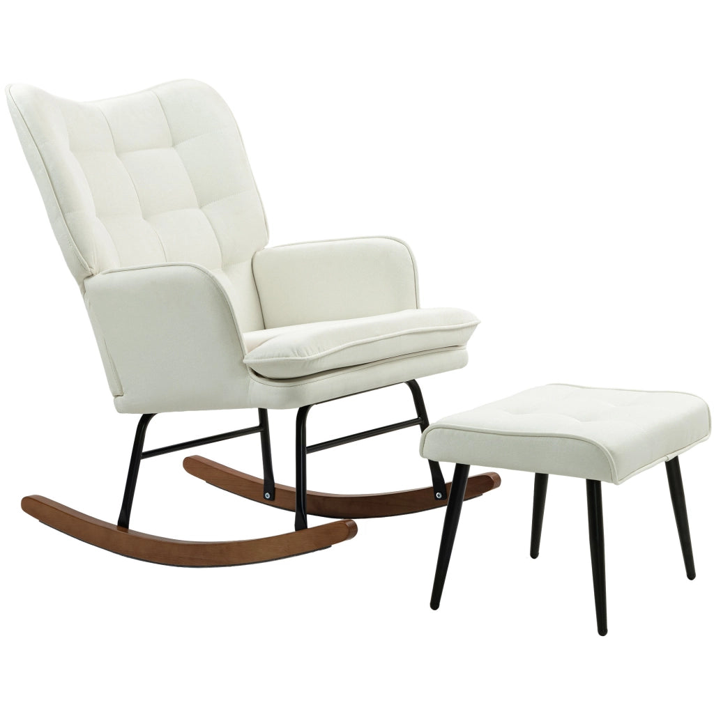 Sedia a dondolo 64x89x90 cm con poggiapiedi e braccioli in poliestere bianco crema